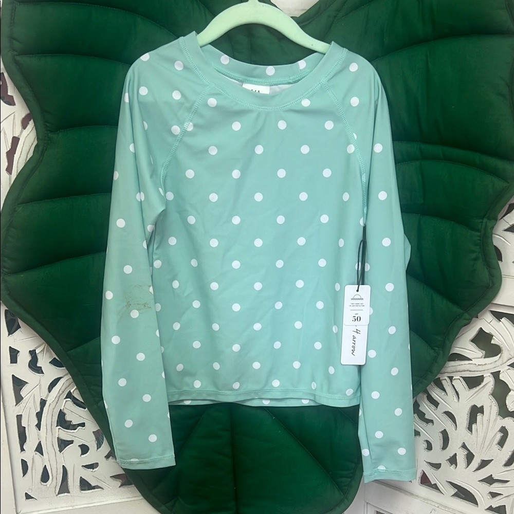 NWT Feather 4 arrow kids surf babe long sleeve Rashguard, mint / polka dots. 12